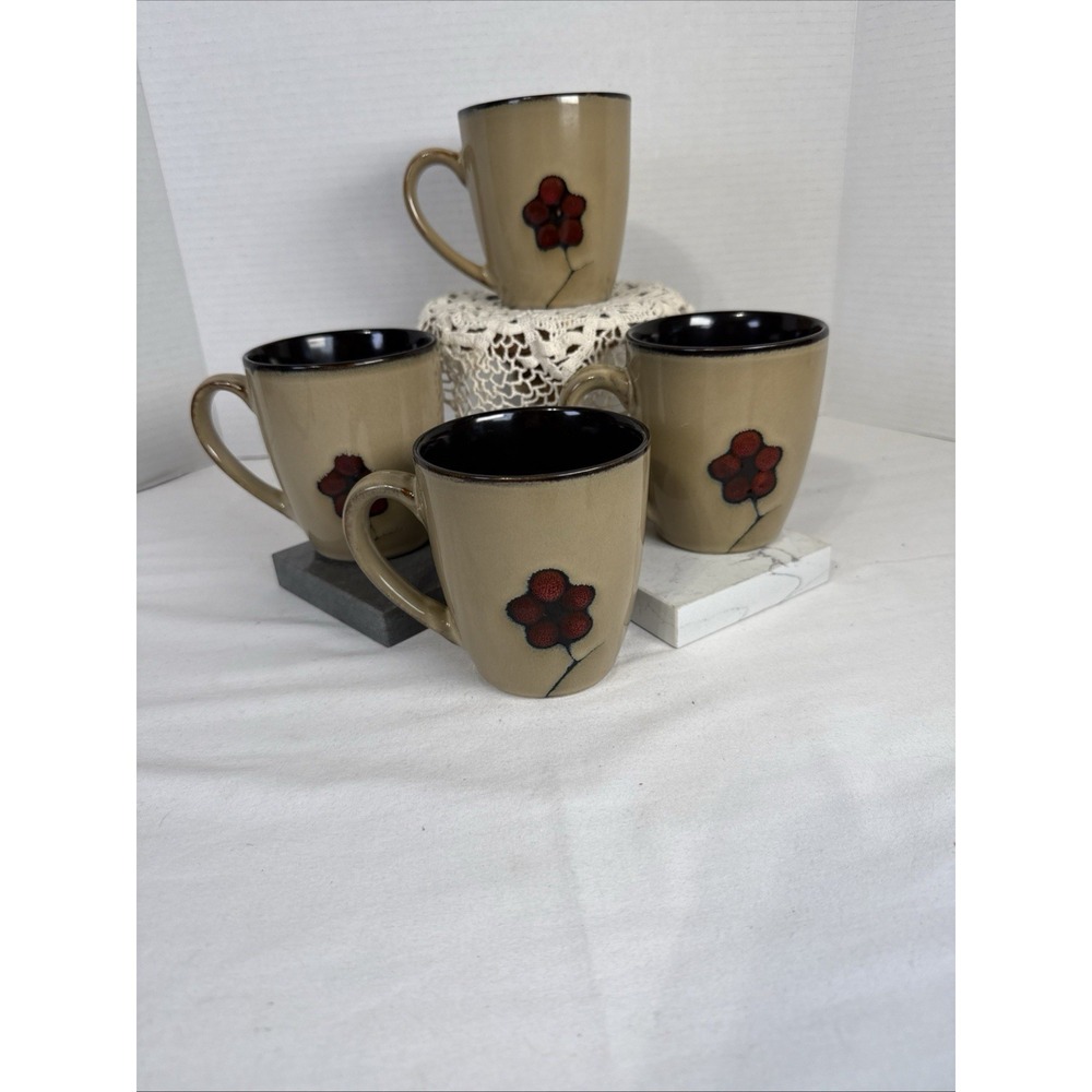 PFALTZGRAFF Studio ASTER Poppies 4 Coffee Cups Mugs Brn. Tan, Red Flower 10 Oz.